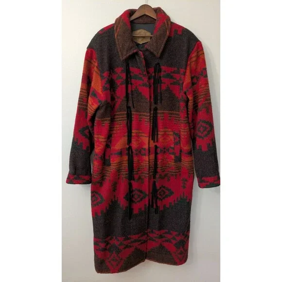 Vintage 90s Woolrich Womens Southwest Wool Trench Coat Large Aztec Long Duster - Picture 1 of 12